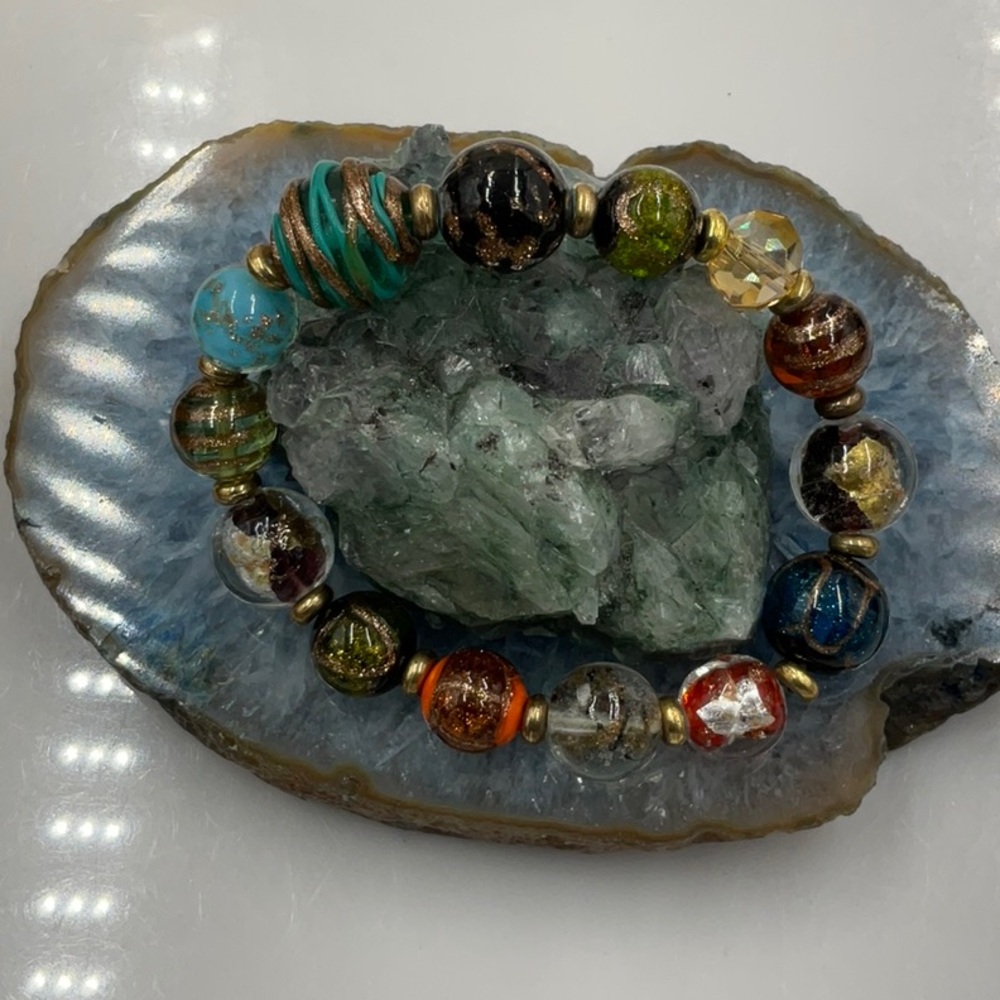8” Fancy Murano Multicolor Glass Bead Stretch Bracelet - Picture 5 of 6